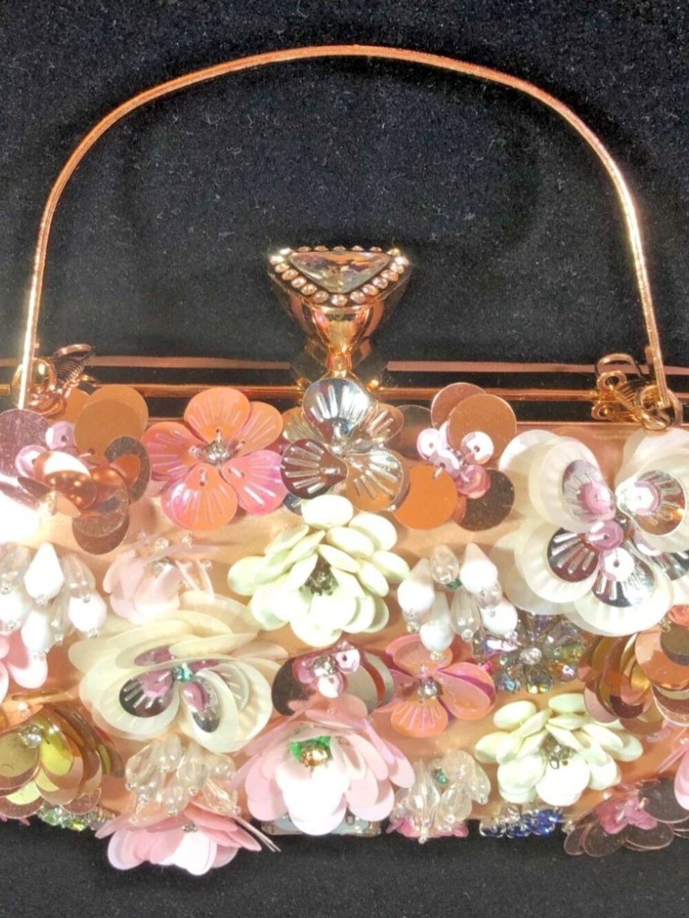 Beaded sequined Floral Clutch Evening Bag Gold  Wedding Party Purse (vtg?)